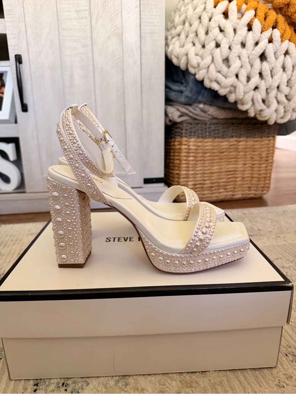Aldo Ivory Pearl-Embellished Block Heel Sandals